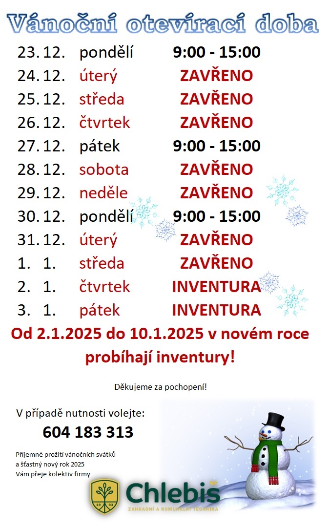 SERVISNÍ DÍLNA JE V OBDOBÍ OD 23.12.2024 DO 10.1.2025 ZCELA UZAVŘENA